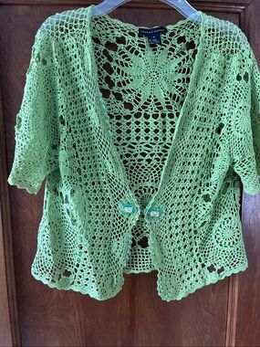 Green Crochet Cardigan Sweater M